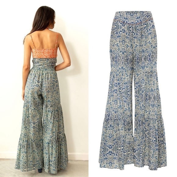 CAROLINA K Paisley Organic Cotton High Rise Flowy Ruffle Flared Wide Leg Pants M - Picture 7 of 8